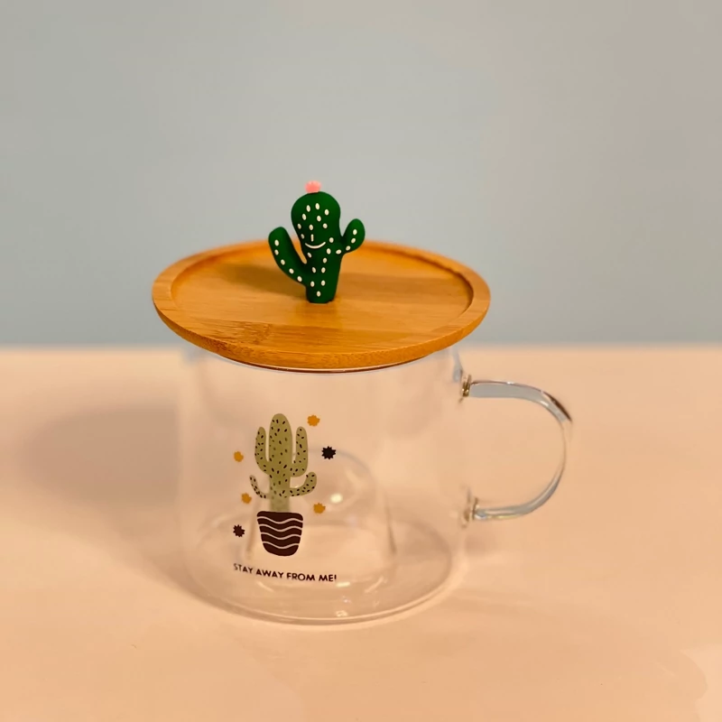 لیوان شیشه ای کاکتوس بامبوم با درب بامبو مدل آگیتا کد B1164